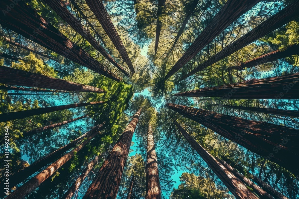 Poster towering trees stretch high into the sky, their branches creating a green canopy. sunlight filters t