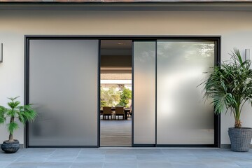 Aluminum sliding door with integrated smart glass technology, offering privacy with a switchable opaque feature.