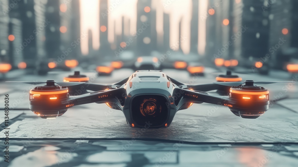 Poster a slightly warped drone among symmetrical models, showcasing diversity in tech structures.