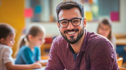 Obraz premium Smiling male teacher in class with elementary students learning 