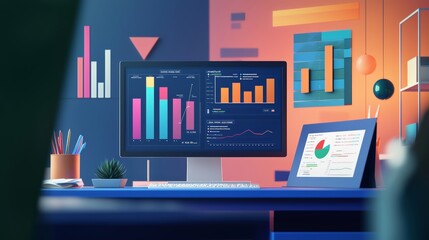 Business analytics presentation setup modern office digital display colorful environment indoor view data visualization techniques
