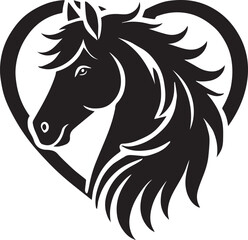 Obraz premium Horse head silhouette within a heart shape vector silhouette black