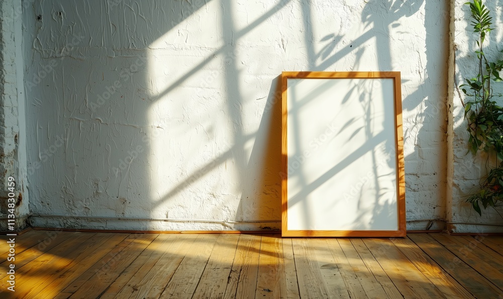 Poster sunlit room with empty frame and shadow patterns