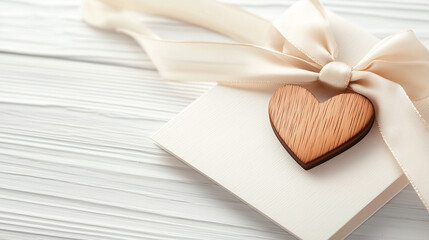 Wooden heart with beige ribbon on blank card