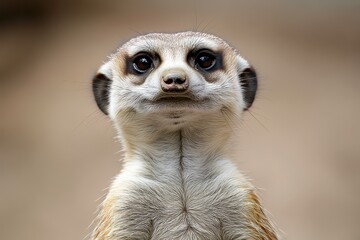 A close-up of a meerkat with a curious expression against a blurred background.