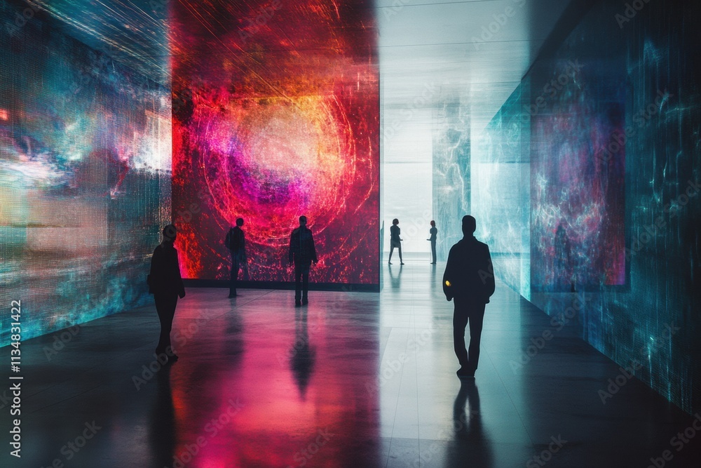 Poster visitors engage with vibrant virtual artworks and avatars in a digital gallery, surrounded by colorf