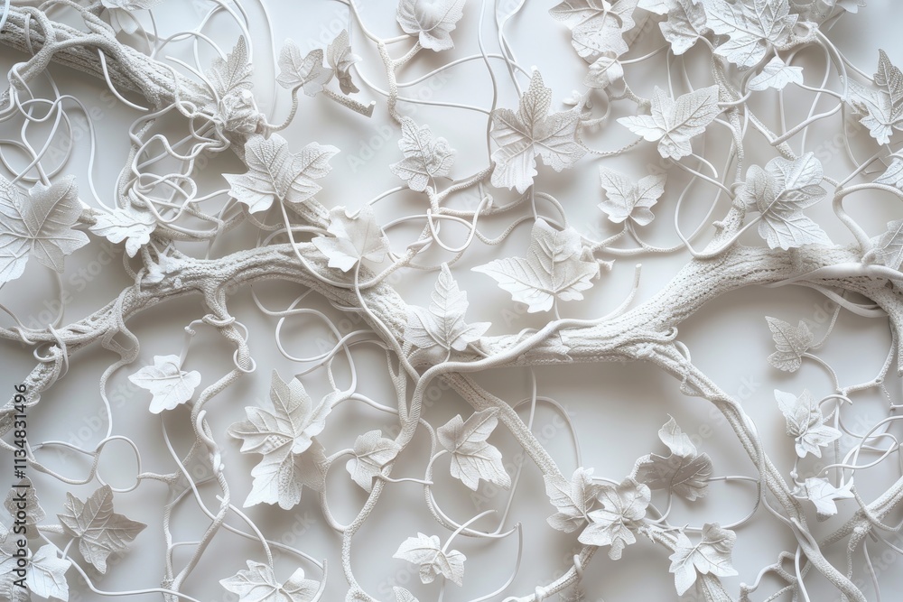 Poster delicate white vines intertwine with detailed leaves against a soft background, creating an elegant 