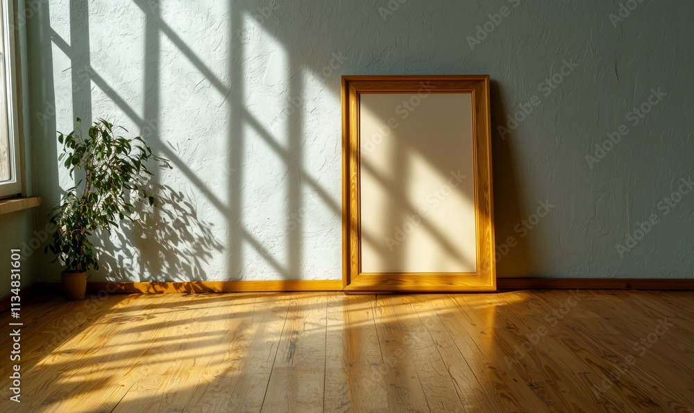 Poster sunlit room with empty frame and plant in cozy setting