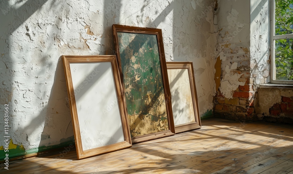 Poster empty frames on floor in sunlit room with rustic walls