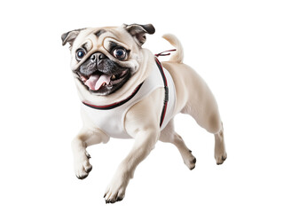 Fototapeta premium Full body shot of Pug dog, running happily, smiling. Wearing Christmas costume.