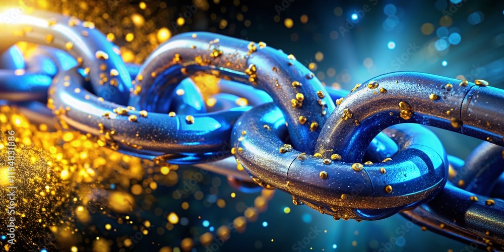 Poster close-up of blockchain cryptocurrency: multi-function blue chain and yellow gold chain particles int