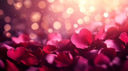A Valentine card background featuring bokeh light effects and scattered rose petals in a romantic theme 