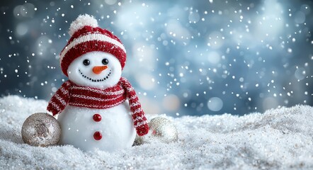 Obraz premium Cheerful Snowman in Snowy Winter Landscape with Festive Accessories