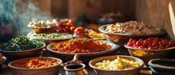 Fototapeta premium A vibrant spread of colorful spices and fresh vegetables in rustic bowls, exuding warmth and aromatic richness, captured under gentle sunlight.