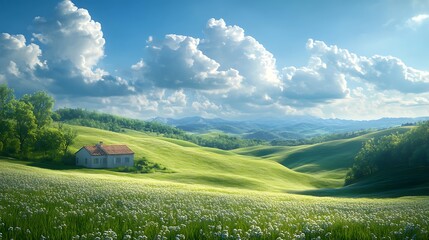 Tranquil landscape scene rolling hills nature daytime panoramic view