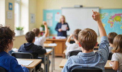 Students raising hands in classroom during teacher's lesson