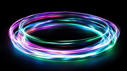 green, pink, blue and purple light lines on black background Vibrant neon light circles abstract art