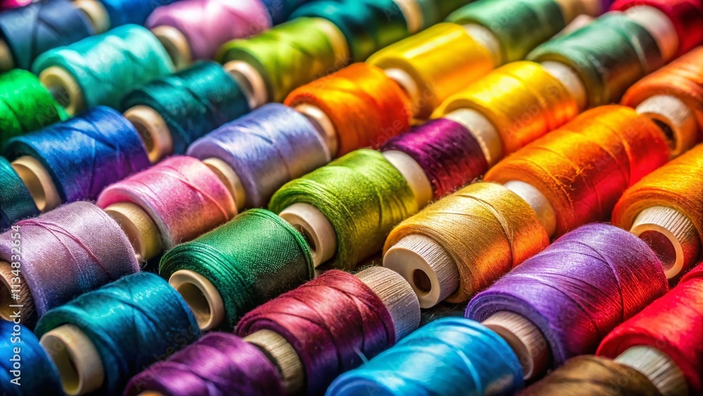 Poster close-up of colorful bobbins with smooth threads in various shades showcasing textures and glossy fi