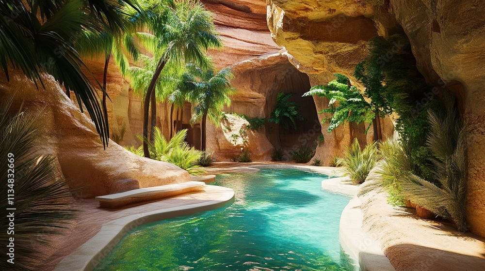 Aufkleber a private desert oasis with lush greenery and a pristine pool, surrounded by sandstone rock formatio