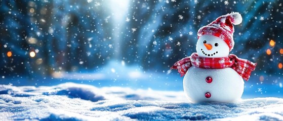 Fototapeta premium Adorable Snowman in Winter Wonderland: Festive Snow Scene Stock Photo