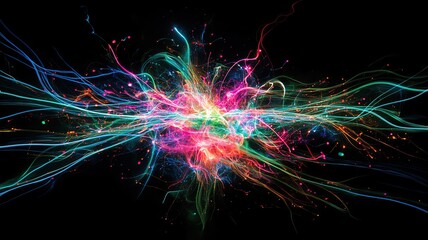 Fototapeta premium green, pink, blue and purple light lines on black background Vibrant colorful light trails explode.