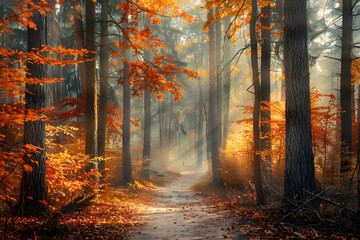 Sunlit Autumn Path: Stroll Through a Vivid Forest of Red, Orange, and Yellow Leaves in Fall Splendor