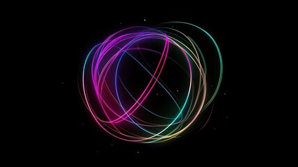 green, pink, blue and purple light lines on black background Abstract colorful light trails forming a sphere.