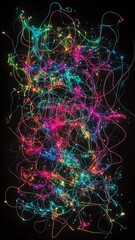 green, pink, blue and purple light lines on black background Abstract colorful light trails on black