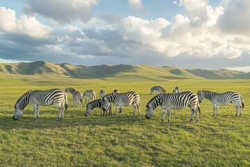 Fototapeta premium A herd of zebras grazing in a lush green landscape under a cloudy sky.