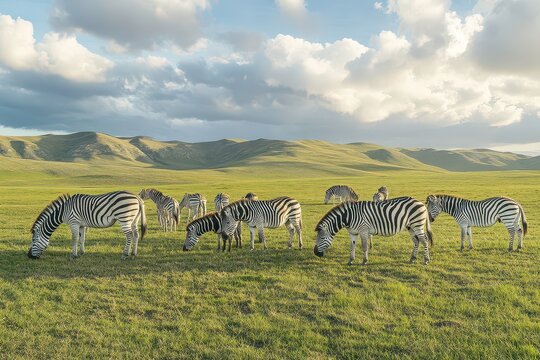 A herd of zebras grazing in a lush green landscape under a cloudy sky.
