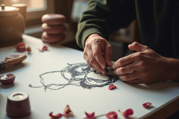 Artist sketching a portrait on paper, surrounded by rose petals, cozy workspace atmosphere