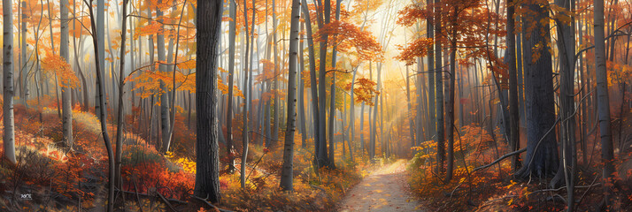 Obraz premium Sunlit Autumn Path: Stroll Through a Vivid Forest of Red, Orange, and Yellow Leaves in Fall Splendor