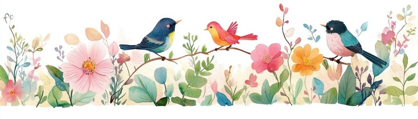 Fototapeta premium Whimsical Watercolor Illustration of Birds Flowers Butterflies Herbs Garden Nature Meadow