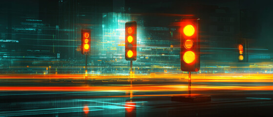 Obraz premium Futuristic Traffic Lights: Cityscape Synchronization