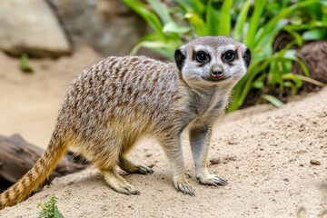 Fototapeta premium A meerkat stands on a sandy surface, surrounded by greenery.