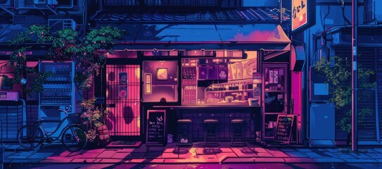 a beautiful japanese tokyo city ramen shop restaurant bar in the dark night evening. house at the street. anime cartoonish art style. cozy lofi asian architecture