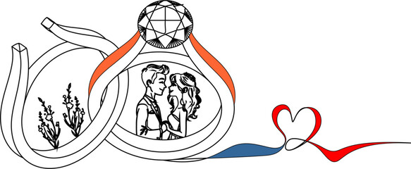 very elegant vector line art illustration of a wedding ring with diamond stones for the wedding event