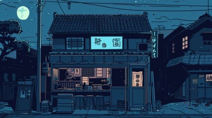 a beautiful japanese tokyo city ramen shop restaurant bar in the dark night evening. house at the street. anime cartoonish art style. cozy lofi asian architecture