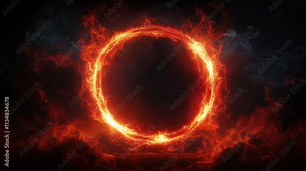 Poster fiery circular portal with ethereal smoke in dark void in surrealistic style