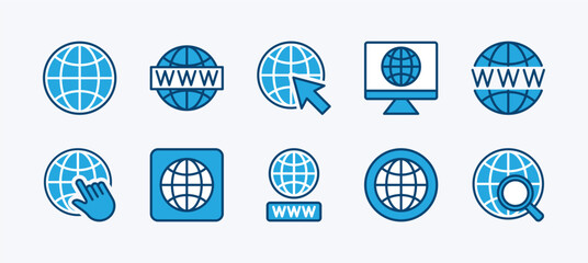 Obraz premium Set of web, website, cyberspace, internet icon. Globe, earth, world, global icon symbol. Containing click arrow, searching, browser, button, site, page, blog, homepage, network. Vector illustration