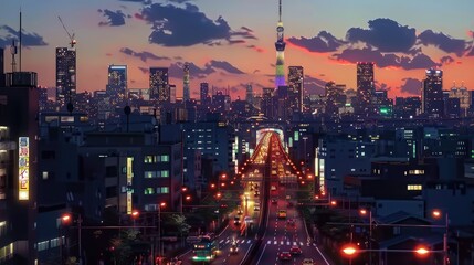 A beautiful japanese tokyo city town in the evening, digital art