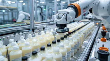 Obraz premium Robotic arm sorting bottles in a modern production line.