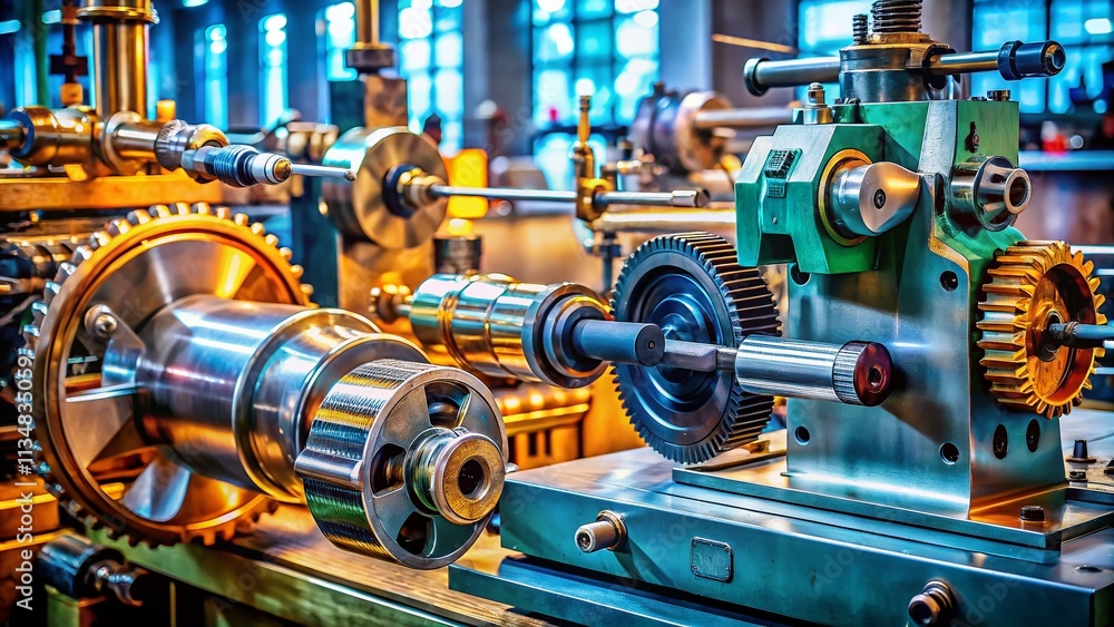 Poster close-up of industrial machinery in operation with detailed gears and components, showcasing the pre