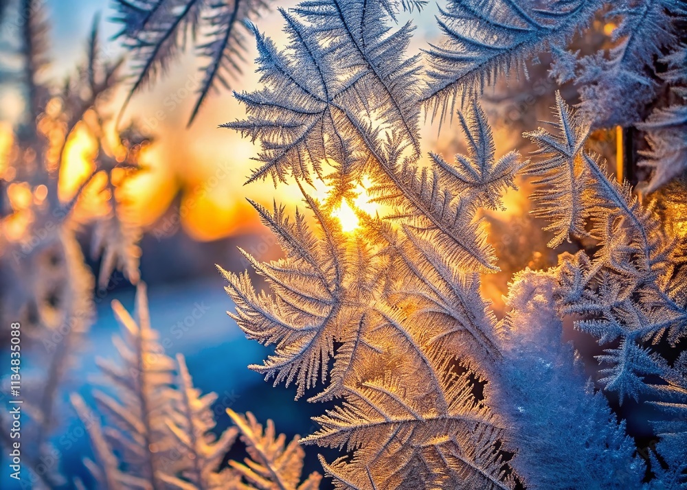 Poster closeup of intricate ice patterns on a window with frosty designs and beautiful textures captured in
