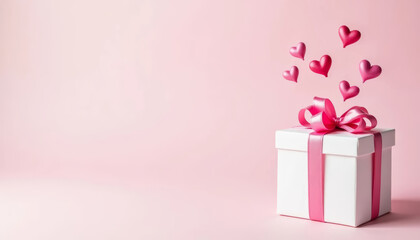 Obraz premium Gift box with pink hearts on pink background. Valentine's day concept.