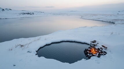 Serene Winter Scene with Outdoor Fire by Frozen Lake