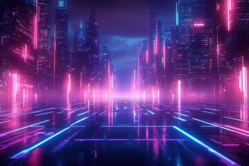 Neon Light Trails in Futuristic Cityscape with Cyberpunk Elements and Dramatic Geometric Patterns