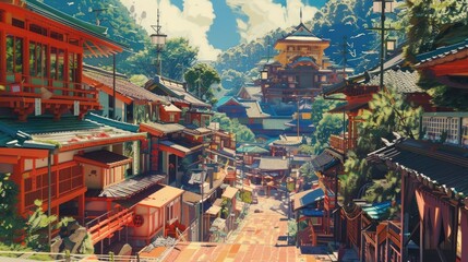 a beautiful japanese village city town in the morning. buddhist temple shinto shrine. anime comics artstyle. cozy lofi asian architecture