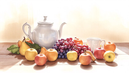 A watercolor still life arrangement showcasing a vintage teapot a porcelain cup   ripe fruit