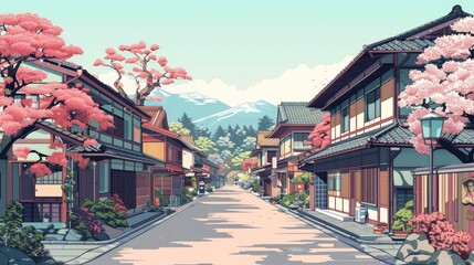 Fototapeta premium a beautiful japanese village city town in the morning. buddhist temple shinto shrine. anime comics artstyle. cozy lofi asian architecture
